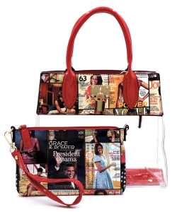 Magazine Cover Collage Padlock See Thru 2-in-1 Satchel OA2687T MULTI/RED